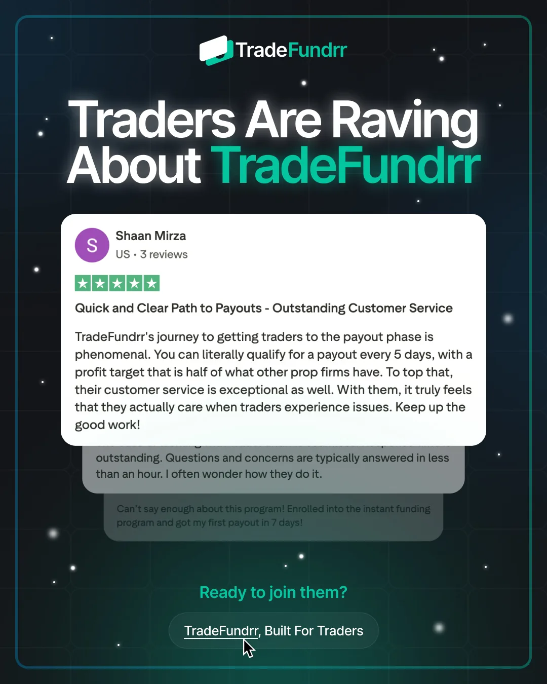 TradeFundrr social post featuring a five-star trader review of its payout process