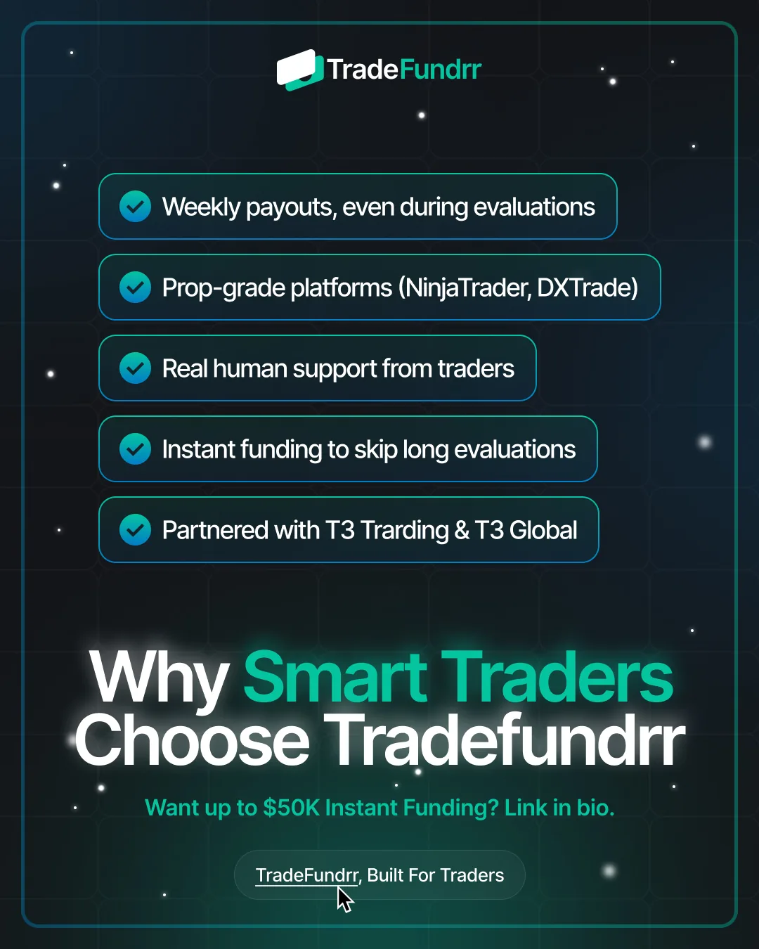 TradeFundrr social post listing why traders choose its instant funding